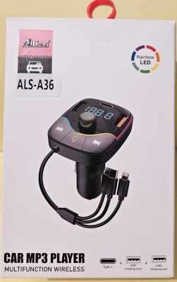 Авто FM  модулатор,  , Трансмитер ALS-A36, MP3 плейър, bluetooth, Type-c+2USB, LED екран, Поддръжка на свободни ръце