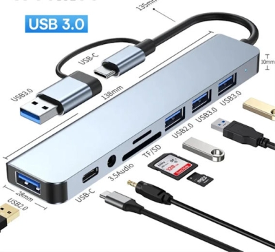 Компютърен,  , USB хъб, 8 в 1 многопортов, Type-C / USB 3.0, TF/SD четец на карти, жак 3,5 мм аудио порт, съвместим с MacBook PC лаптоп 
