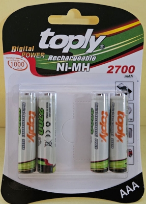Батерия, , TOPLY Акумулаторна R03, AAA Ni-MH 2700mAh 1,2V